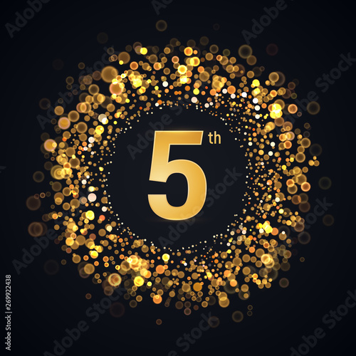 5 years anniversary isolated vector design element. Five birthday logo with blurred light effect on dark background