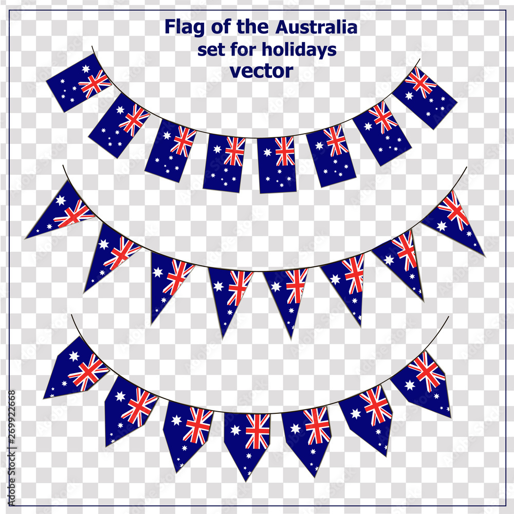 Obraz premium Bright set with flags of Australia for holidays. Vector illustration. Happy Australia day background. Illustration with transparent background.