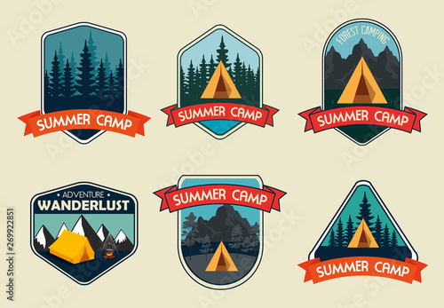 set of labels with wanderlust adventure with camping and hiking