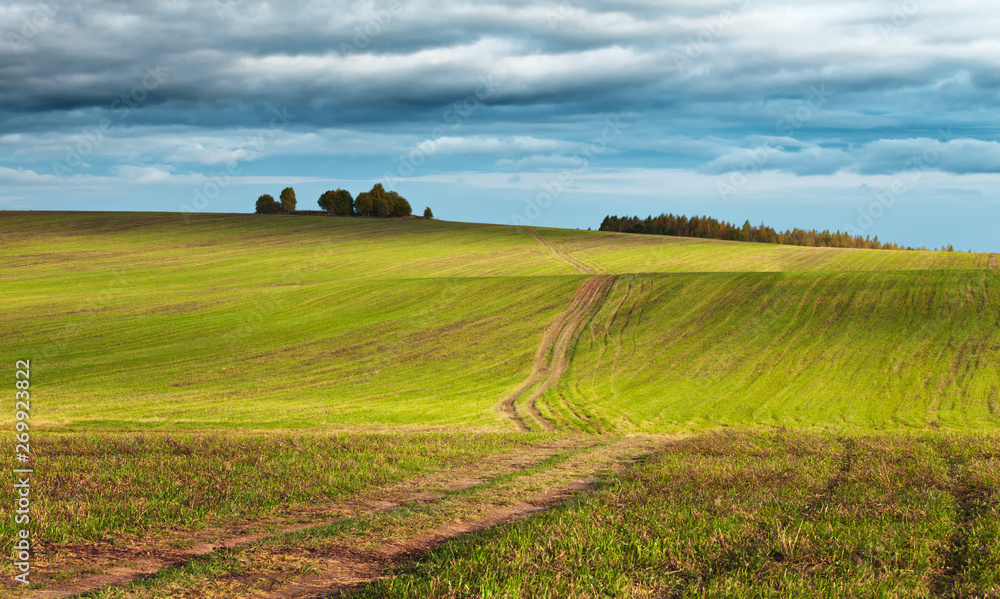 Rural landscape with gloomy sky over fields, hills and a countryside road at the beginning of autumn. Moscow region, Russia Rural landscape with gloomy sky over fields, hills and a countryside road at the beginning of autumn. Moscow region, Russia