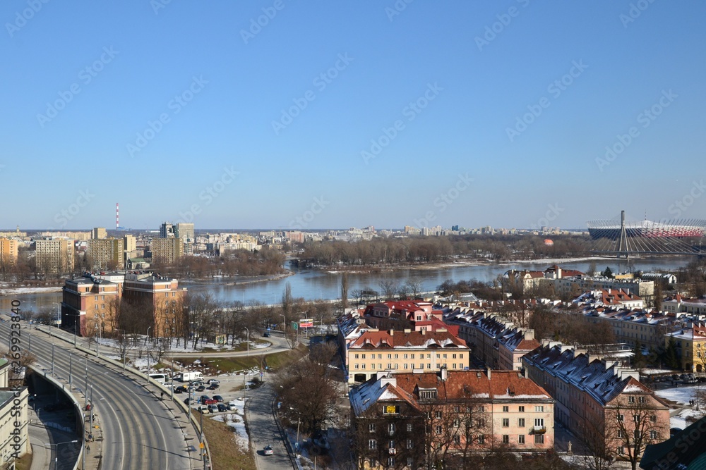 Warsaw, Poland. Cityscape of Warsaw with Slasko-Dabrowski Bridge and Vistula river, aerial view from the bell tower of the St. Anne church. W-Z route