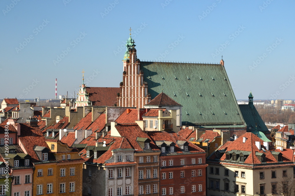 Warsaw, Poland. Cityscape,  Old Town roofs. Aerial view from the bell tower of the  St. Anne church 