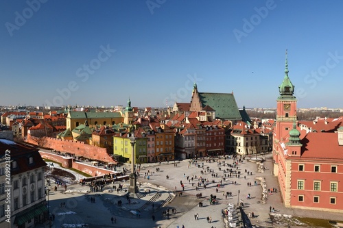 People at Castle Square in Warsaw, Poland - aerial view from the bell tower of the St. Anne church 