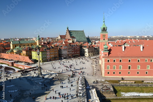 People at Castle Square in Warsaw, Poland - aerial view from the bell tower of the St. Anne church 