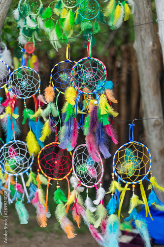Colorful dreamcatcher on green summer tree in park. Nature, color concept