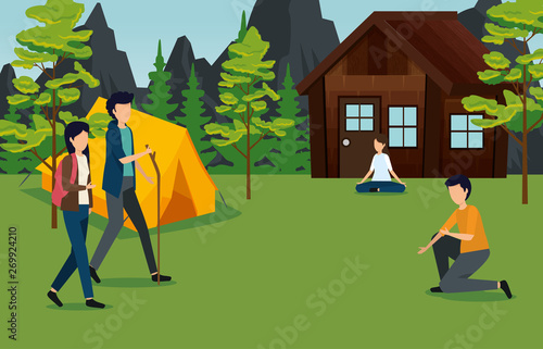 women and men with cabin and camp around the trees