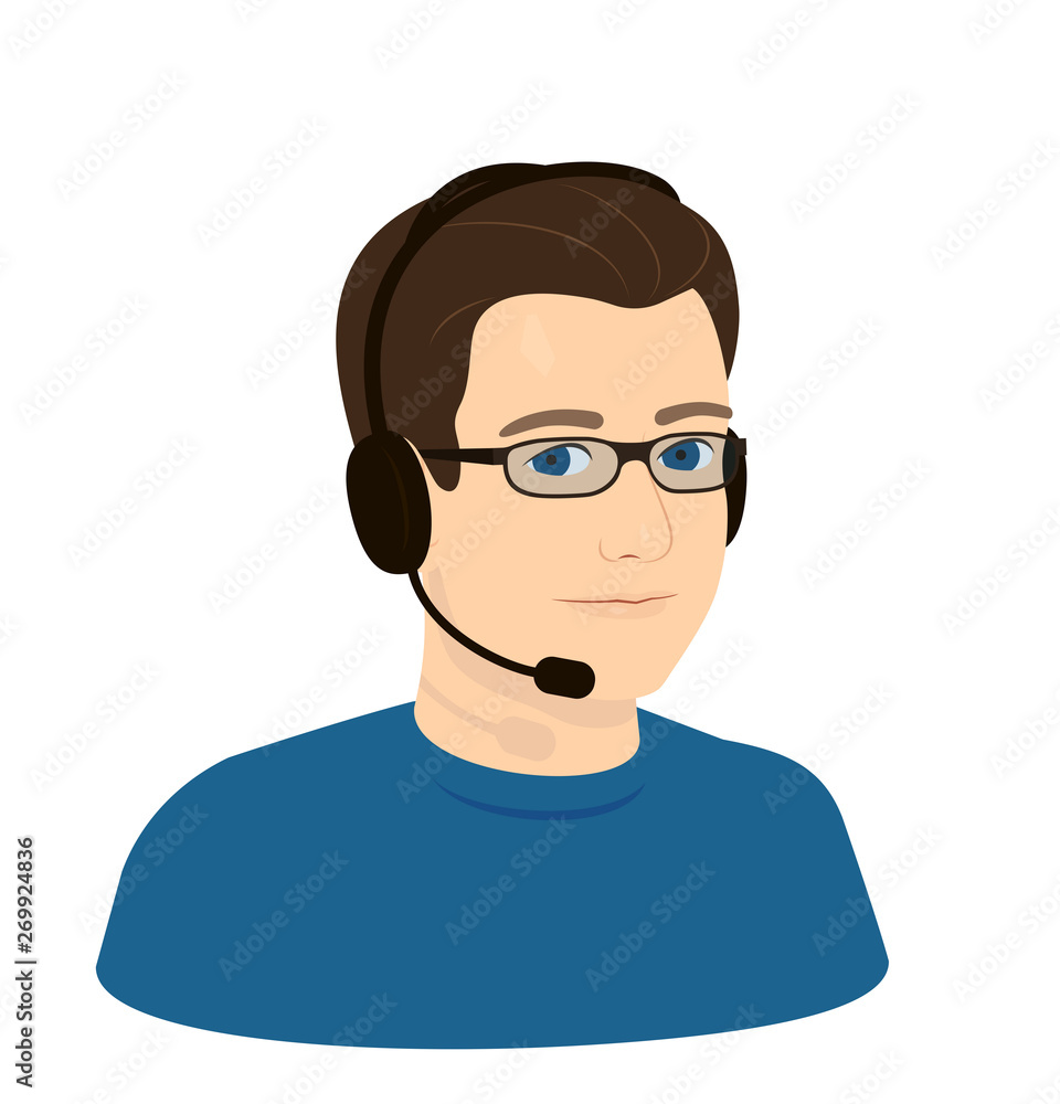 call center operator boy man with glasses and headphones with microphone - realistic face, portrait