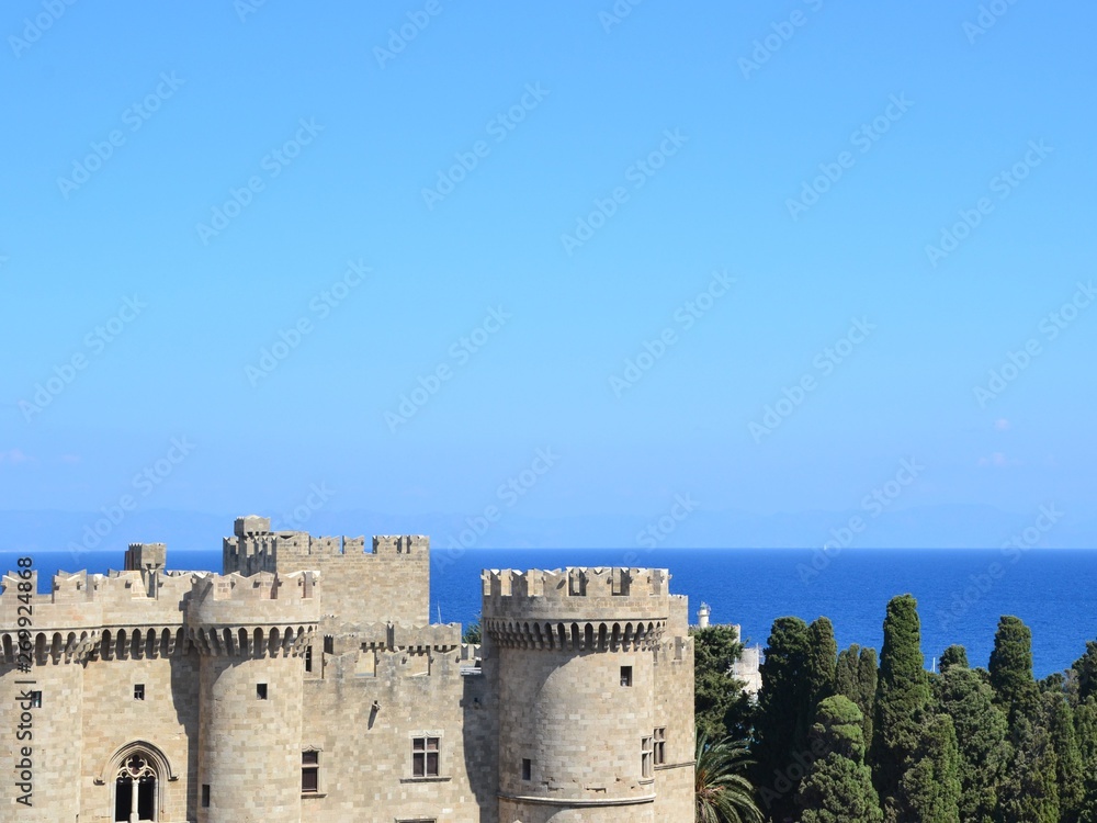 Rhodes, Greece. Aerial view from Rhodes town, sea view. Palace of the Grand Master of the Knights of Rhodes also known as the Kastello - Gothic architecture in Greece