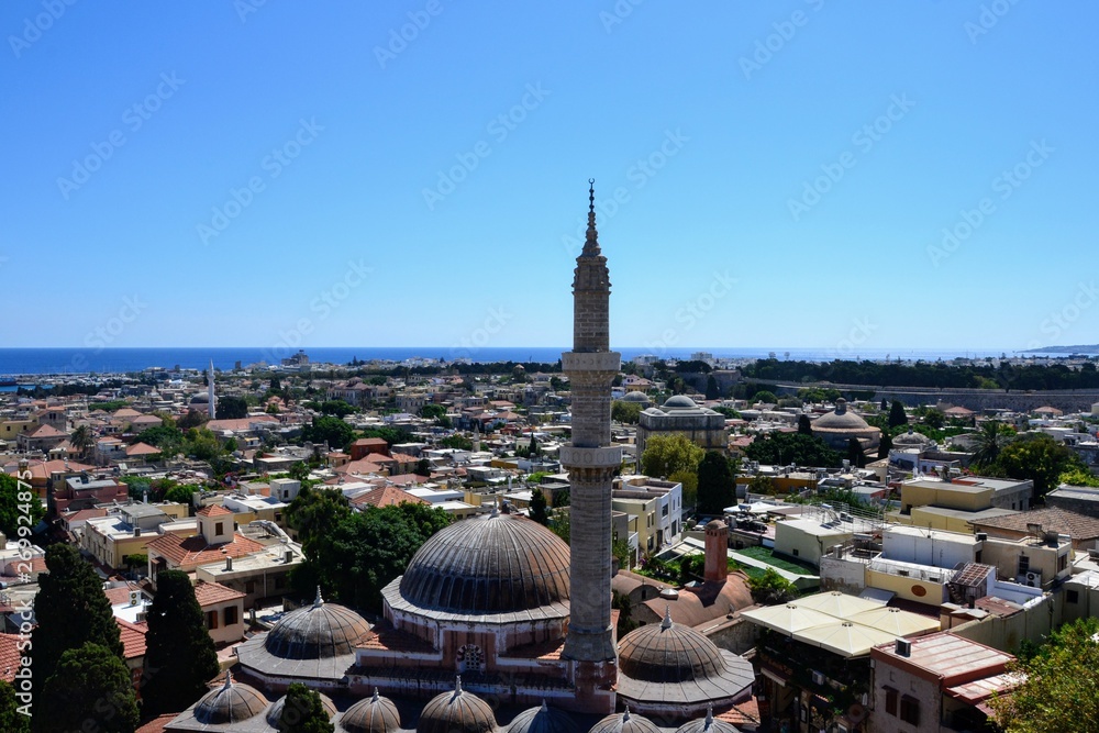 Rhodes, Greece. Aerial view, panorama of Rhodes town and sea view. The Suleymaniye Mosque (Mosque of Suleiman) in the foreground 