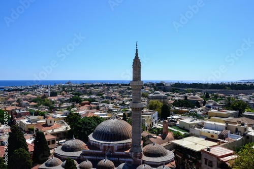 Rhodes, Greece. Aerial view, panorama of Rhodes town and sea view. The Suleymaniye Mosque (Mosque of Suleiman) in the foreground 