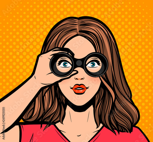 Beautiful girl looking through binoculars. Retro style pop art. Vector illustration