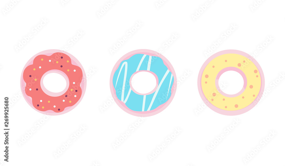 Obraz premium Vector set of donuts icons with colored glaze. Set of american sweet dessert. Sweet donut in flat style.