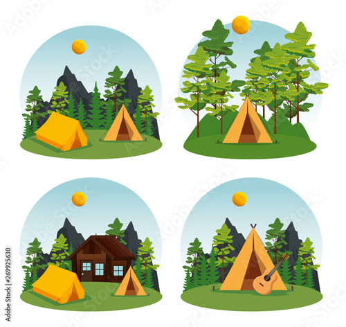 set of camp and cabin with nature landscape