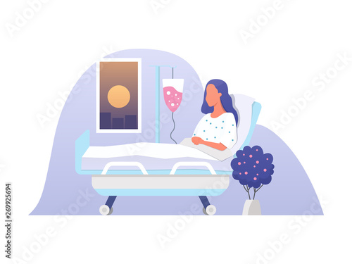 Young woman lying in a medical bed. Hospitalization vector illustration in a flat style. Patient during blood transfusion procedure.