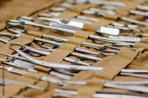 Bilde på lerret Large selection of stainless steel surgical equipment, including Magill and arte