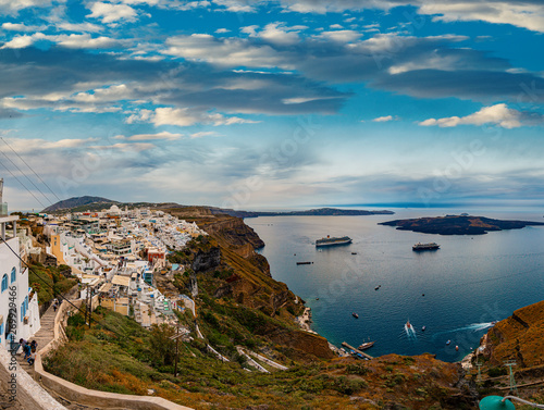 Panoramic View Santorini Island in Greece, one of the most beautiful travel destinations of the world. Shot at Thira