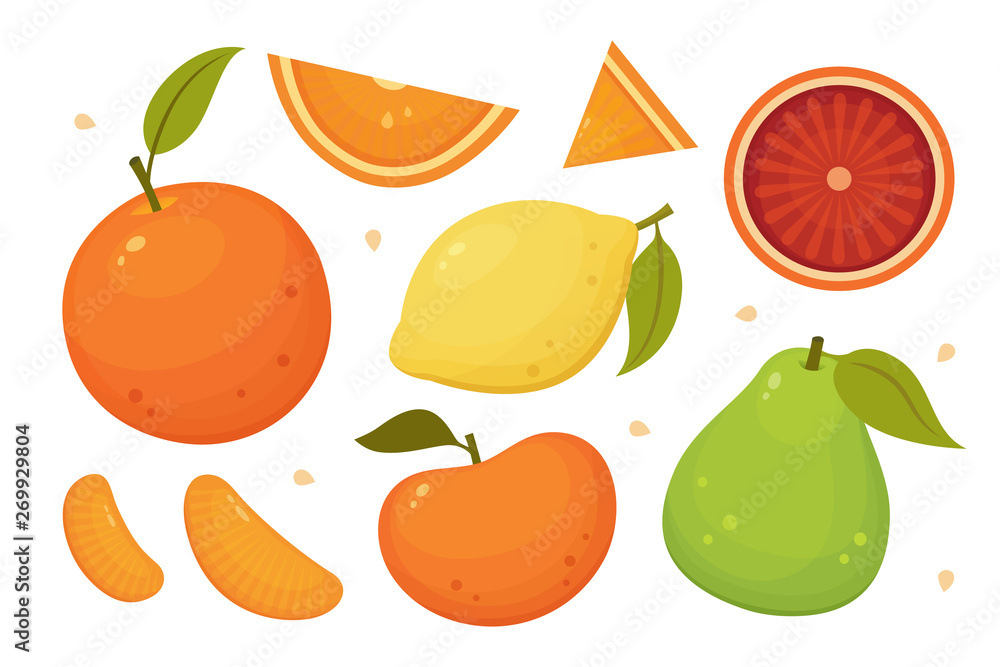 Citrus fruits slices, whole and halves. Orange, grapefruit, lemon, pomelo isolated vector icons. Tropical fruits set. Citrus fruits slices, whole and halves. Orange, grapefruit, lemon, pomelo isolated vector icons. Tropical fruits set.