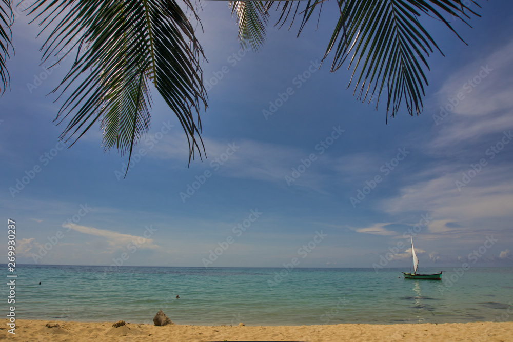 Φωτογραφία beautiful landscape photo of the blue sea, palm trees and a boat in the backgrou