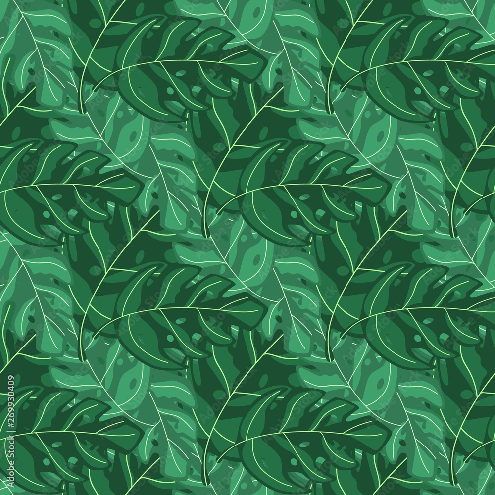 Tropical monstera leaves seamless repeat pattern . Exotic plant.