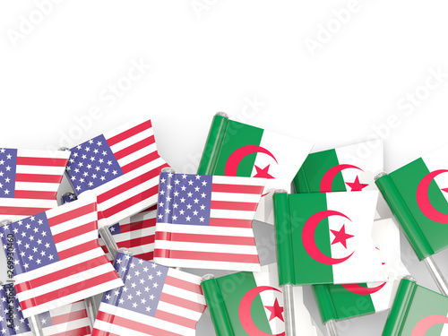 Pins with flags of United States and algeria isolated on white