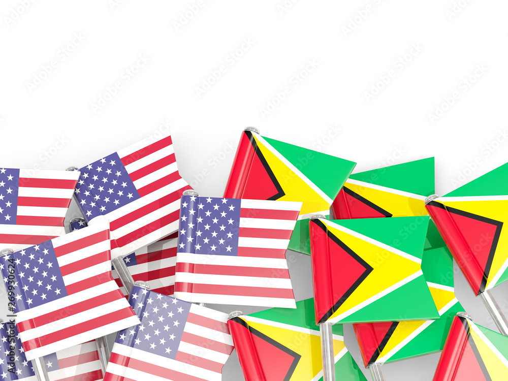 Pins with flags of United States and guyana isolated on white Pins with flags of United States and guyana isolated on white