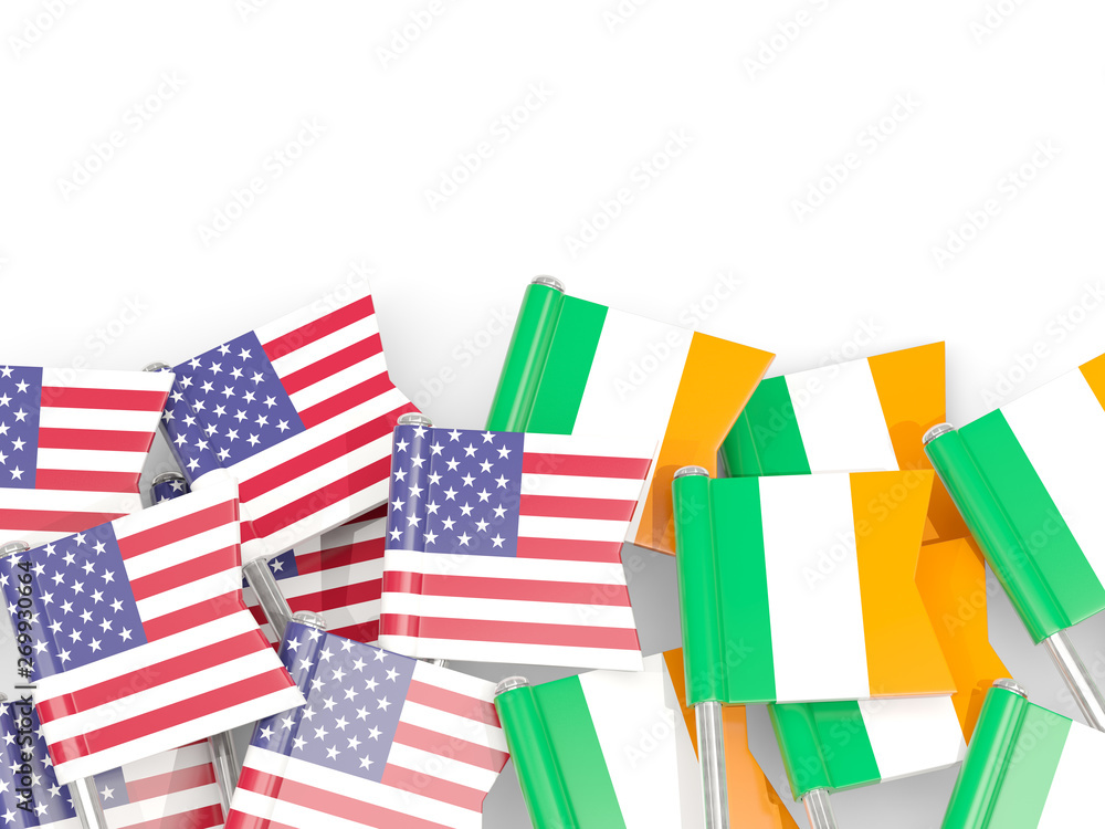 Obraz premium Pins with flags of United States and ireland isolated on white