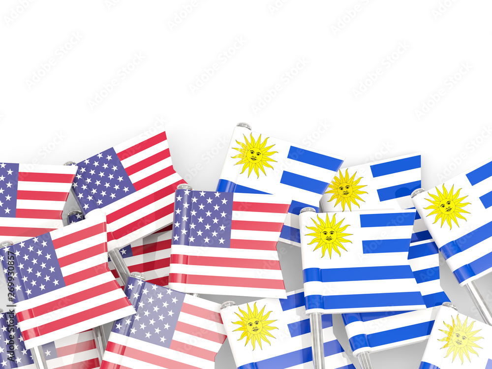 Obraz premium Pins with flags of United States and uruguay isolated on white