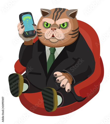 Cat talking on a mobile phone, he is noble, solid and rich, he sits in a red chair dressed in a jacket and tie