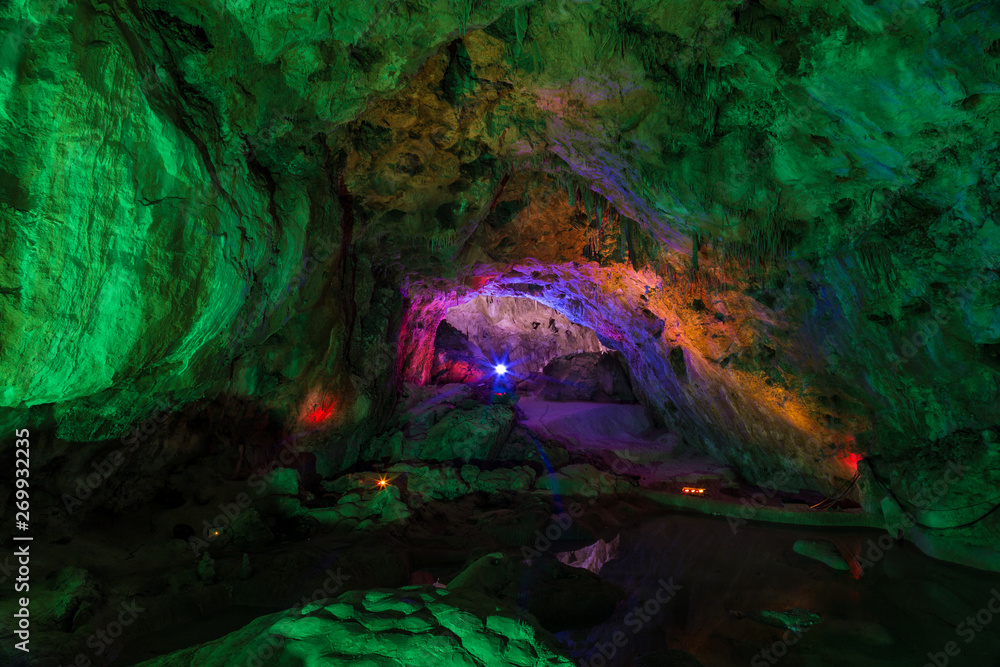 Inside Karst cave, there were colored lights