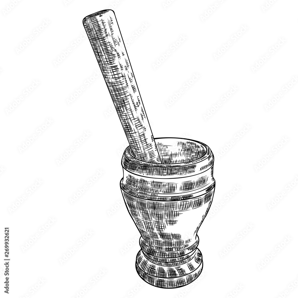 Mortar and pestle vintage engraving hand drawing. Isolated on white