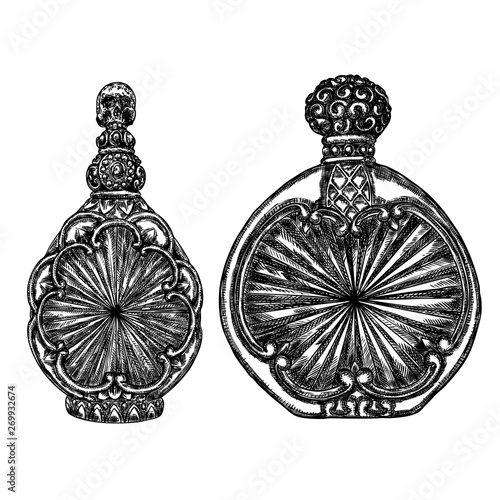 Set of Witch bottles with magic liquid, line and dot stipple art, hand drawn. Flash tattoo design. Vector