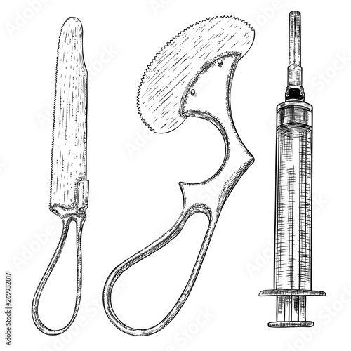 Set of hand drawn medical equipment. Surgical instruments, tool knife and syringe for surgery. Vector