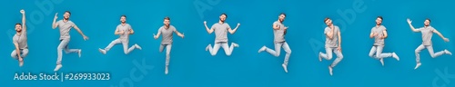 Collage of jumping millennial guy on blue background