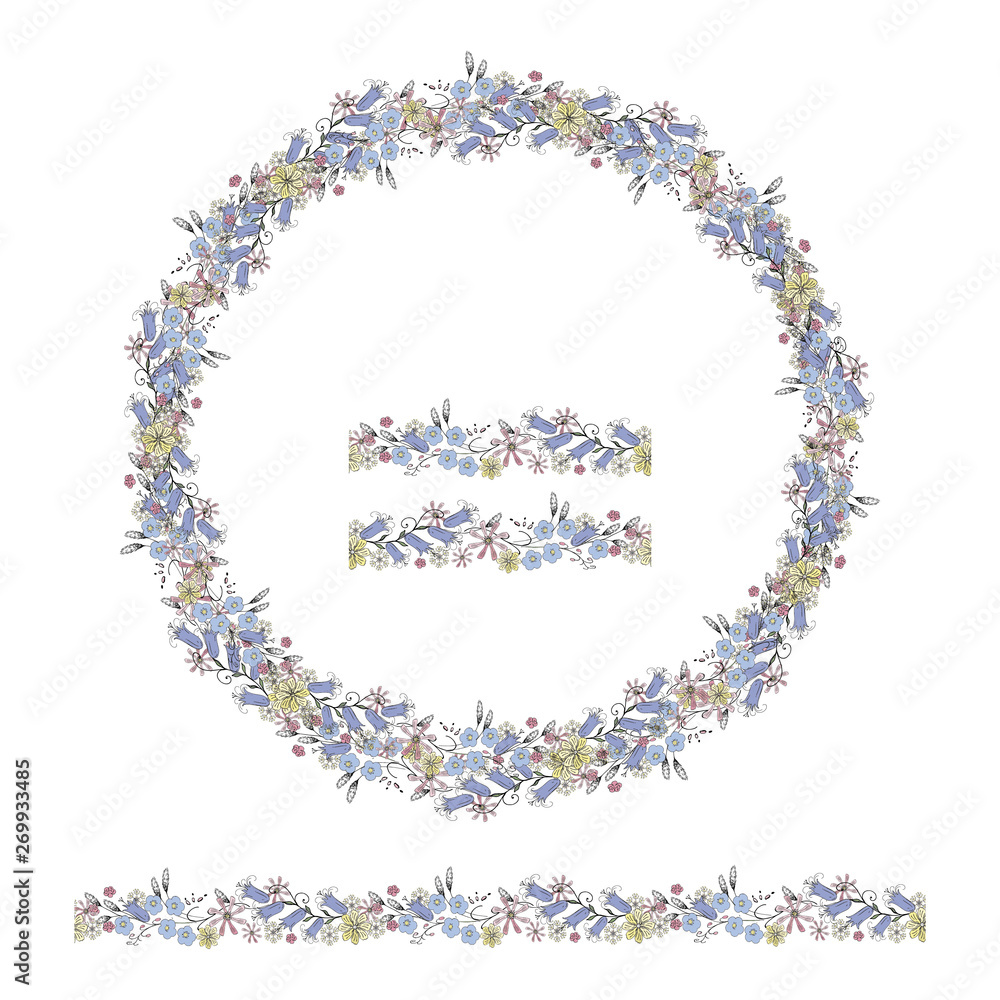 wreath of spring flowers  isolated on white background, brush 