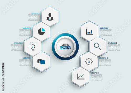 Vector infographic template with 3D paper label, integrated circles. Business concept with 8 options. For content, diagram, flowchart, steps, parts, timeline infographics, workflow, chart.