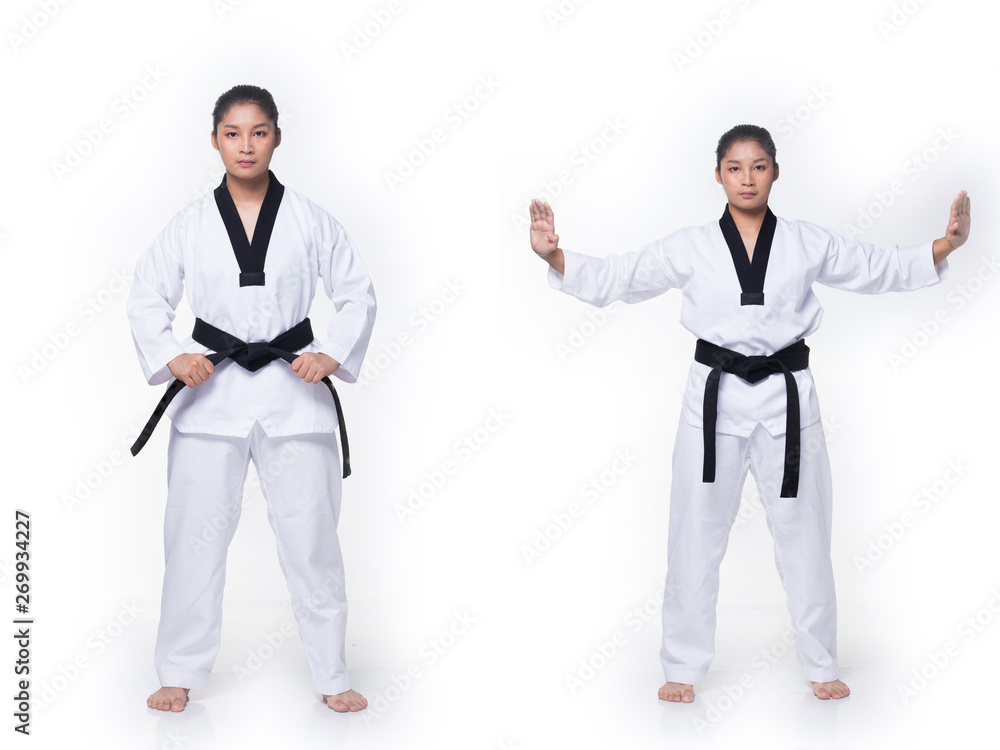 Master Black Belt TaeKwonDo instructor Teacher show traditional Fighting Act pose and warm up in White former dress, studio lighting white background isolated, copy space, motion blur on foots hands Master Black Belt TaeKwonDo instructor Teacher show traditional Fighting Act pose and warm up in White former dress, studio lighting white background isolated, copy space, motion blur on foots hands