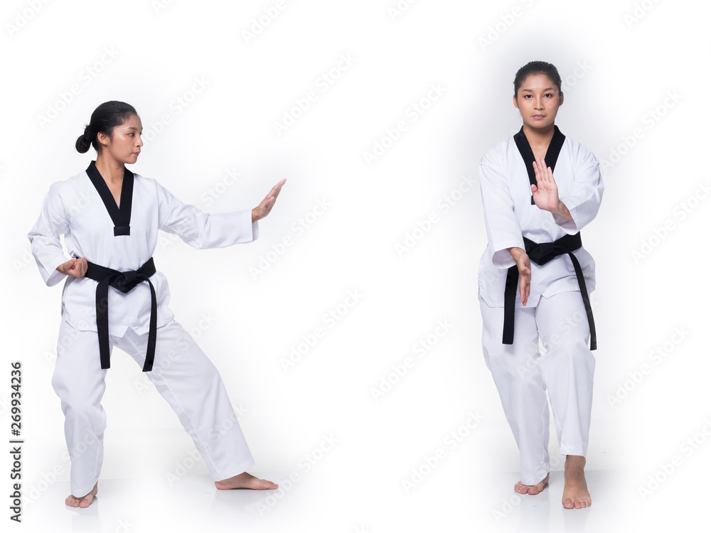 Master Black Belt TaeKwonDo instructor Teacher show traditional Fighting Act pose and warm up in White former dress, studio lighting white background isolated, copy space, motion blur on foots hands