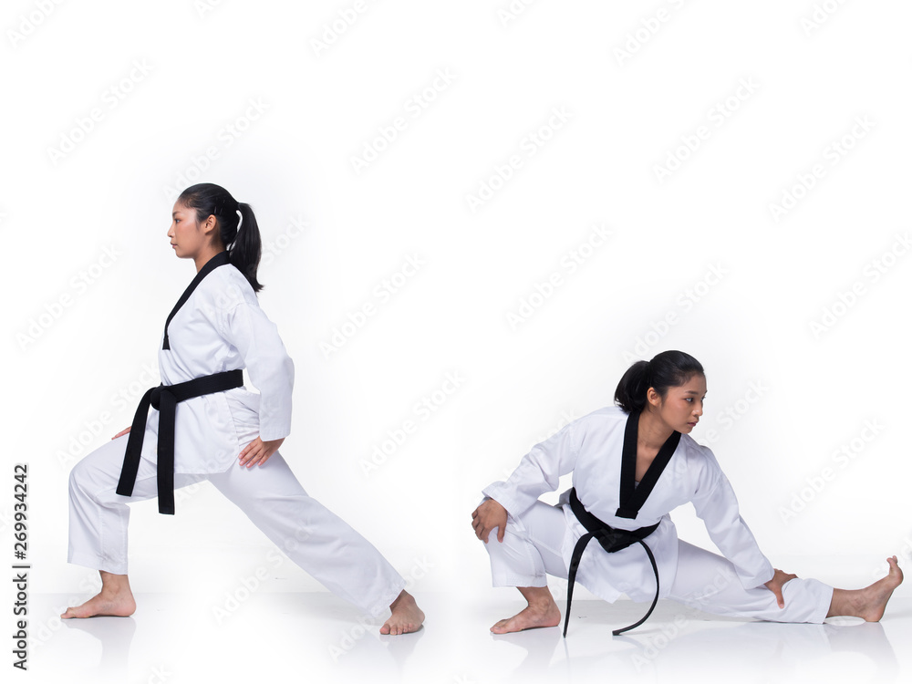 Master Black Belt TaeKwonDo instructor Teacher show traditional Fighting Act pose and warm up in White former dress, studio lighting white background isolated, copy space, motion blur on foots hands