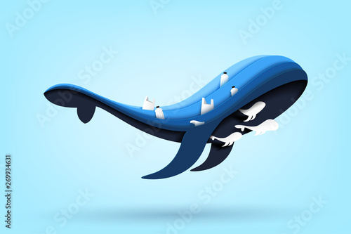 Blue whale family and ocean with waste and garbage on the sea.