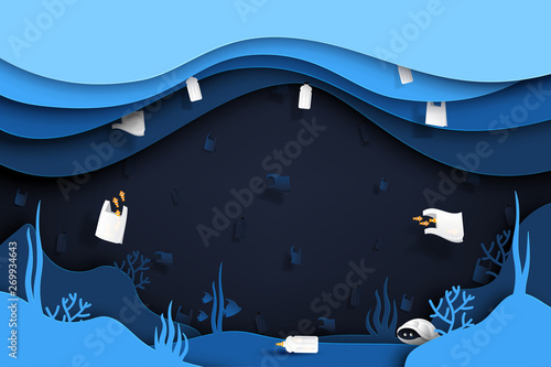 Waste and garbage of plastic product under the sea.Paper art of ocean,conservation and sustainable environment and ecology concept.Vector illustration.