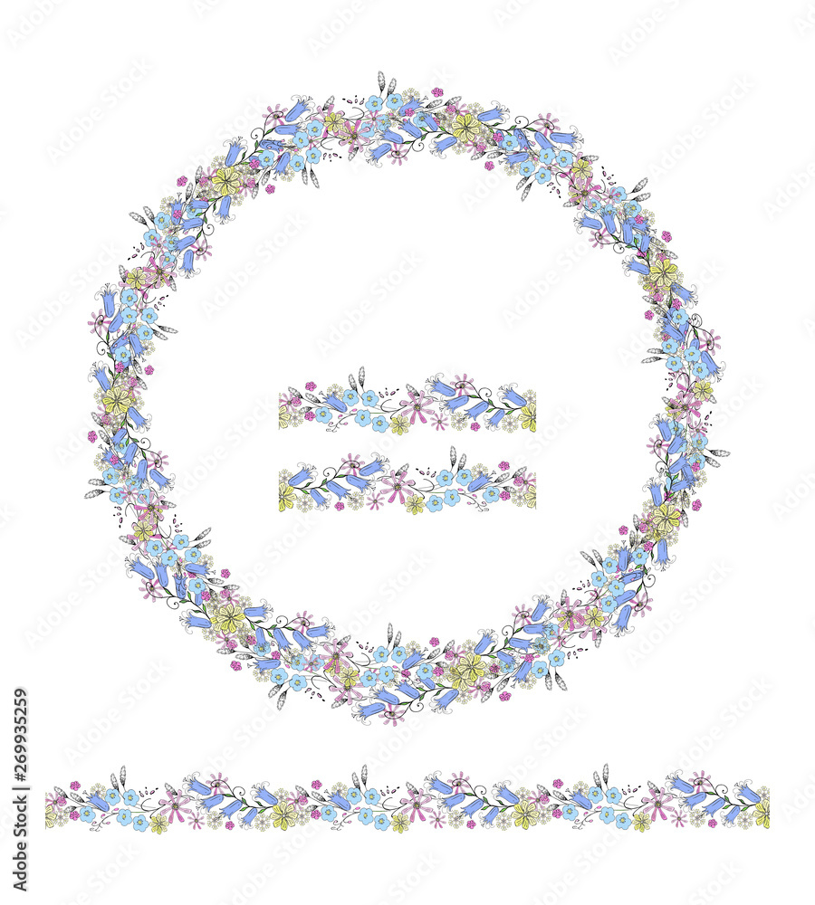 vector  wreath of spring flowers  isolated on white background, brush 