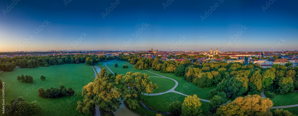 Fototapeta premium The beautiful view from a drone at the Englischer Garten of Munich at a early morning