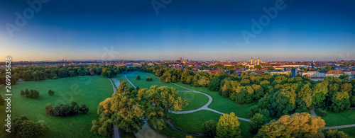 The beautiful view from a drone at the Englischer Garten of Munich at a early morning