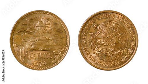 Mexican 20 cents copper coin, Minted in 1974. Both sides.