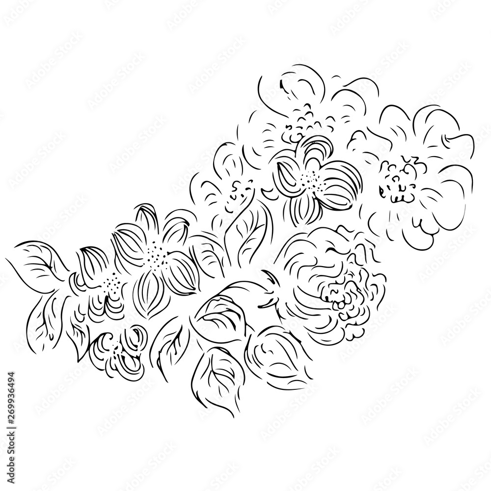 Vector hand drawn outline tropical leaves and flowers isolated on white background. Exotic botanical design elements for wedding invitation cards, cosmetics, spa, perfume, beauty salon