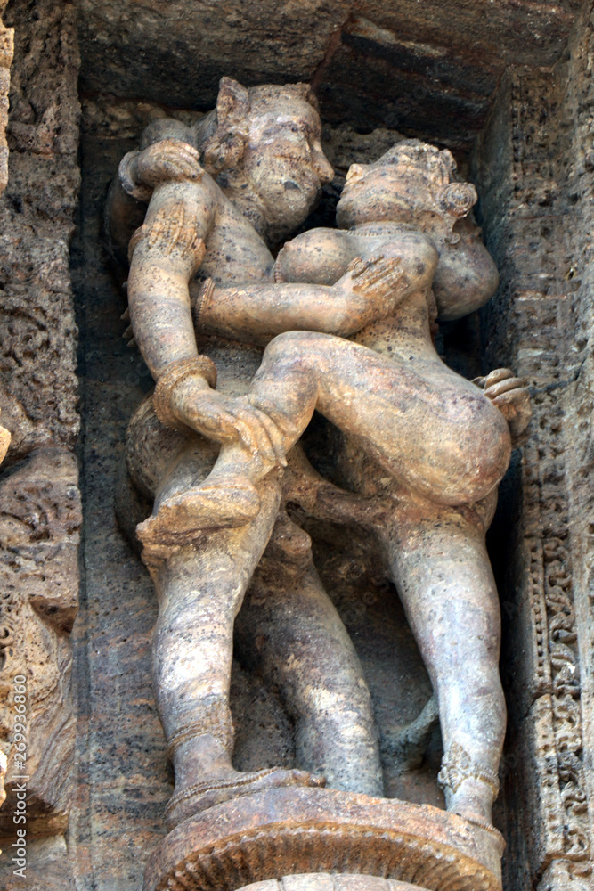 Konark Sun Temple in Odisha, India. Erotism and origin of kamasutra in  Indian sculpture. Erotic sculpture of Konark temple. Stock Photo | Adobe  Stock