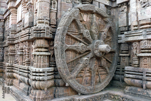 Ancient chariot Wheel, Konark Sun Temple, Orissa. Konark Sun Temple is a 13th-century CE sun temple at Konark about 35 km northeast from Puri on the coastline of Odisha, India. photo