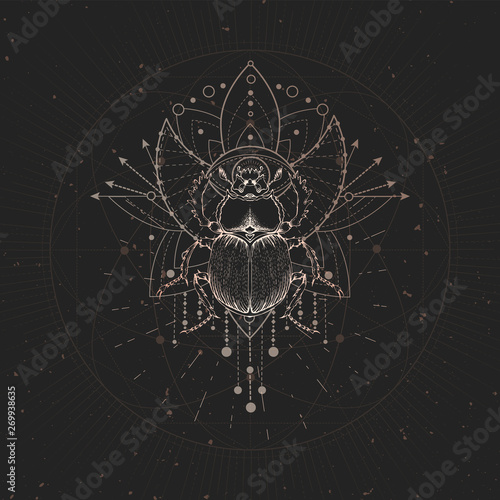 Vector illustration with hand drawn Scarab and Sacred geometric symbol on black vintage background. Abstract mystic sign.