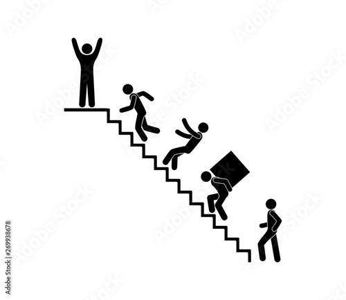 people climb the stairs, various icons, stick figures man pictogram