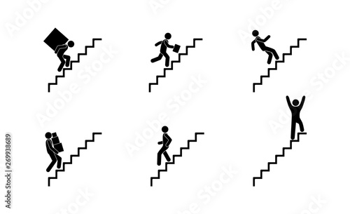 people climb the stairs, various icons, stick figures man pictogram